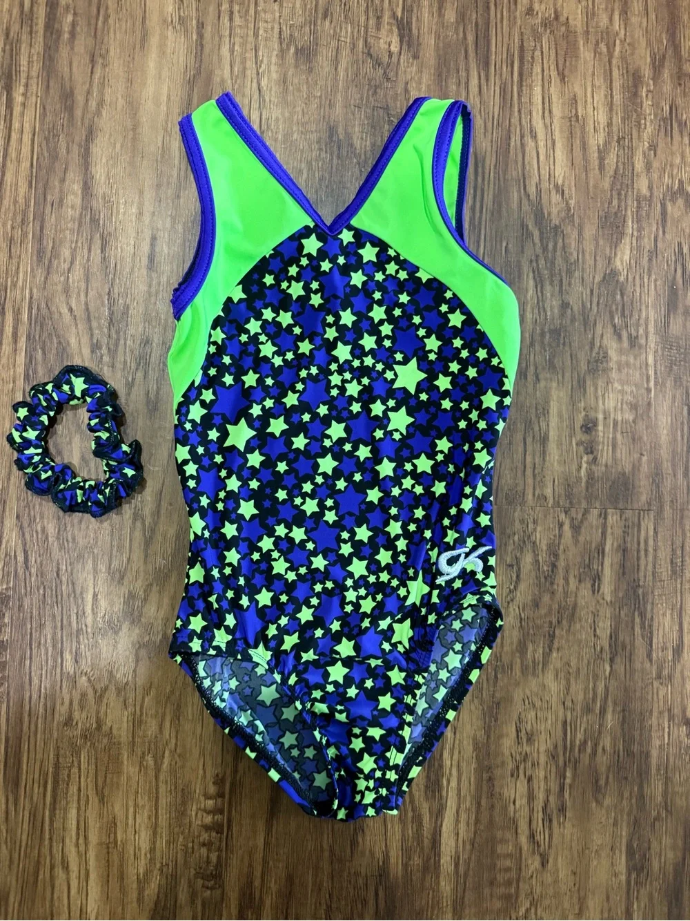 Girls' Neon Green & Blue Star-Print One-Piece Gymnastics Leotard with Scrunchie